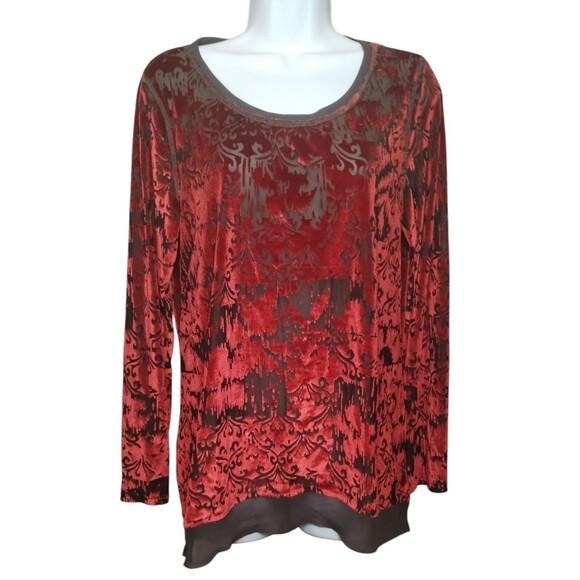 Simply Vera Wang Shirt Womens Size L Red Grey Black Velvet Floral Semi Sheer - Picture 2 of 10